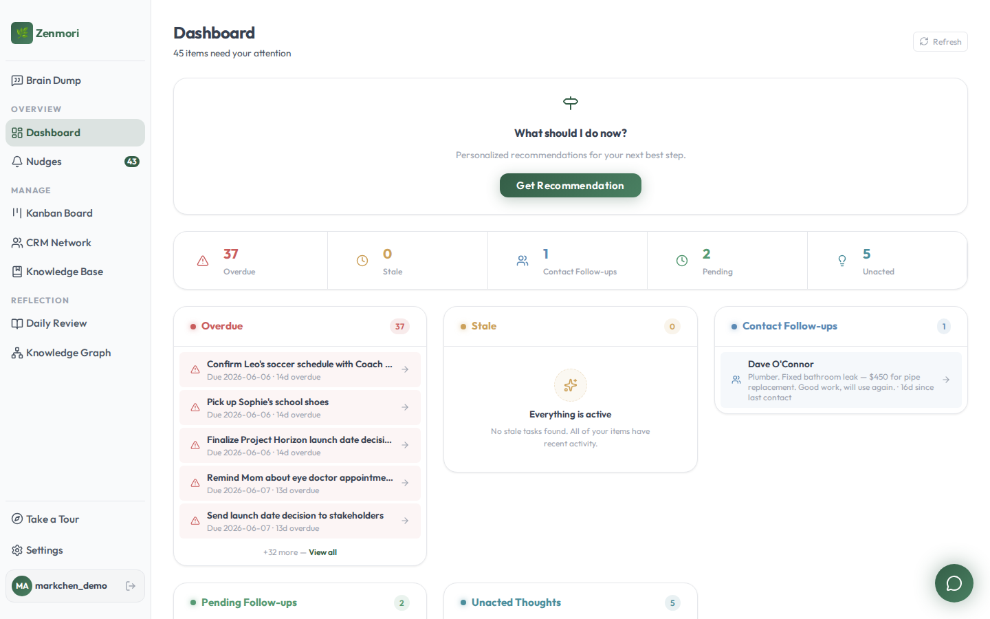 Zenmori dashboard showing tasks, contacts, and recent activity